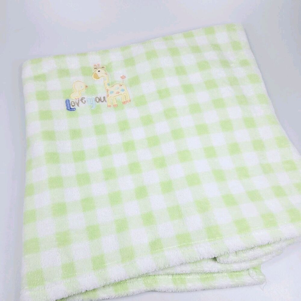 Carters Just One Year Baby Blanket Gingham Check Green Love You Giraffe Duck